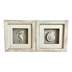 Unison Gifts Coastal Nautilus Seahorse White Shadow Box Wall Art Set of 2 6"x6"
